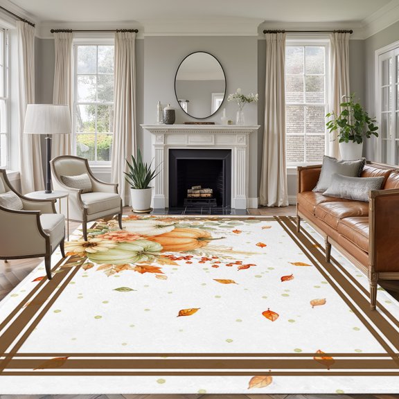 Rectangle Rug 5x7ft Area Rug, Thanksgiving Harvest Pumpkin Area Rugs for Living Room Bedroom, Country Floral Fall Leaves Floor Mat Non-Slip Non-Shedding Carpet Indoor Accent Rugs
