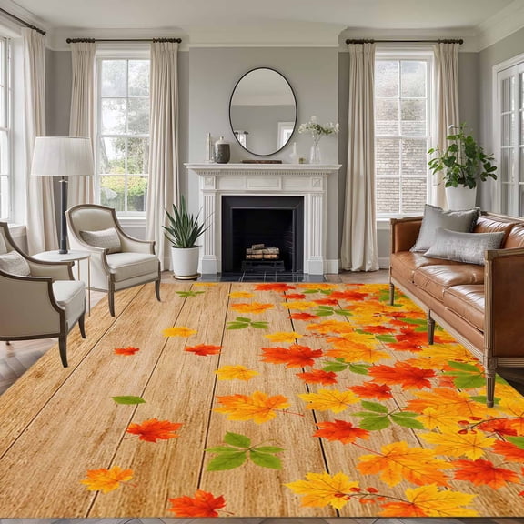 Rectangle Rug 5x7ft Area Rug, Thanksgiving Maple Leaf Area Rugs for Living Room Bedroom, Autumn Leaves Farmhouse Wood Plank Floor Mat Non-Slip Non-Shedding Carpet Indoor Accent Rugs