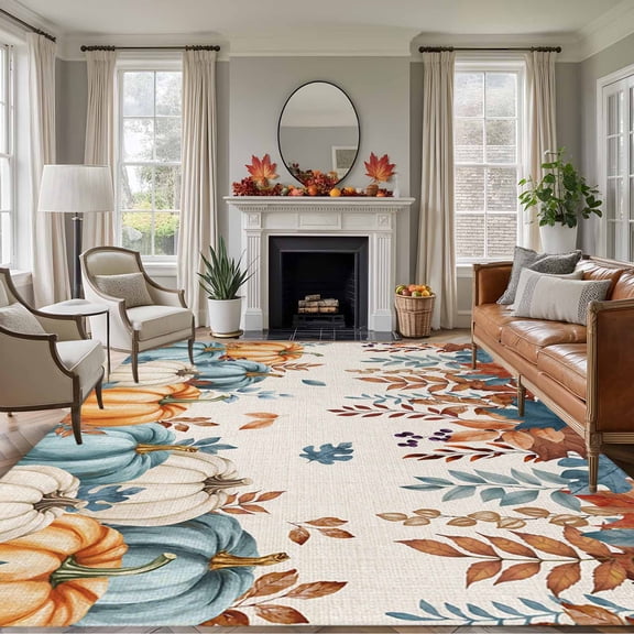 Rectangle Rug 5x7ft Area Rug, Thanksgiving Pumpkin Foliage Retro Linen Area Rugs for Living Room Bedroom, Country Leaves Ombre Floor Mat Non-Slip Non-Shedding Carpet Indoor Accent Rugs