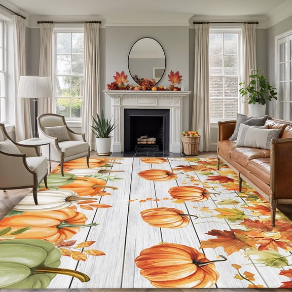 Rectangle Rug 5x7ft Area Rug, Thanksgiving Pumpkin Maple Leaf Area Rugs for Living Room Bedroom, White Wood Board Floor Mat Non-Slip Non-Shedding Carpet Indoor Accent Rugs