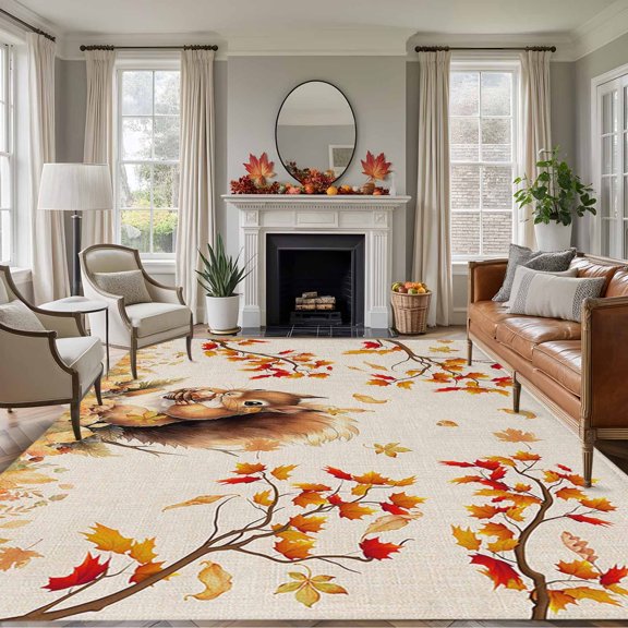 Rectangle Rug 5x7ft Area Rug, Thanksgiving Squirrel with Pine Cone Area Rugs for Living Room Bedroom, Fall Maple Leaves on Linen Floor Mat Non-Slip Non-Shedding Carpet Indoor Accent Rugs