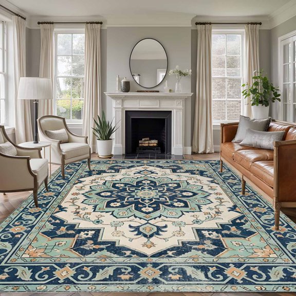 Rectangle Rug 5x7ft Area Rug, Traditional Turkish Floral Area Rugs for Living Room Bedroom, Vintage Mint Green Geometric Floor Mat Non-Slip Non-Shedding Carpet Indoor Accent Rugs