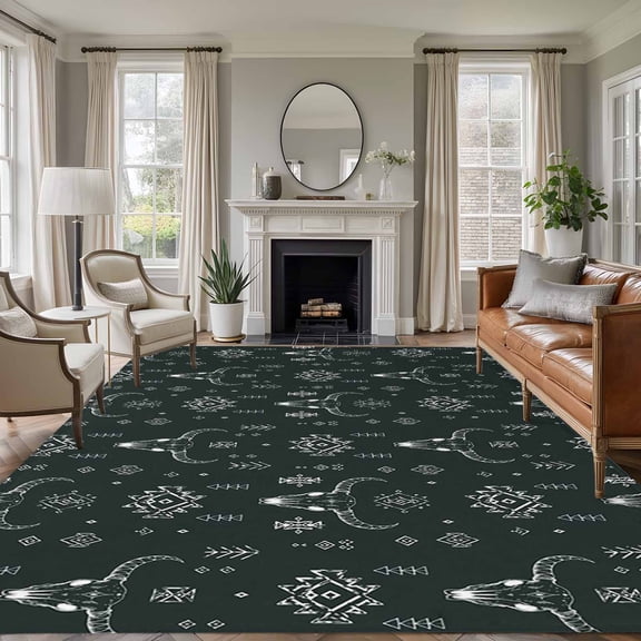 Rectangle Rug 5x7ft Area Rug, Tribal Bull Skull Arrow Dark Gray Area Rugs for Living Room Bedroom, Western Geometric Pattern Floor Mat Non-Slip Non-Shedding Carpet Indoor Accent Rugs