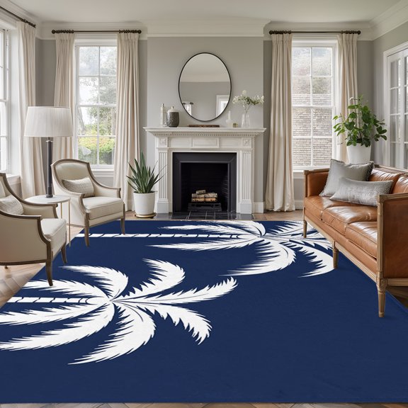 Rectangle Rug 5x7ft Area Rug, Tropical Coconut Tree Area Rugs for Living Room Bedroom, Deep Navy Background Floor Mat Non-Slip Non-Shedding Carpet Indoor Accent Rugs