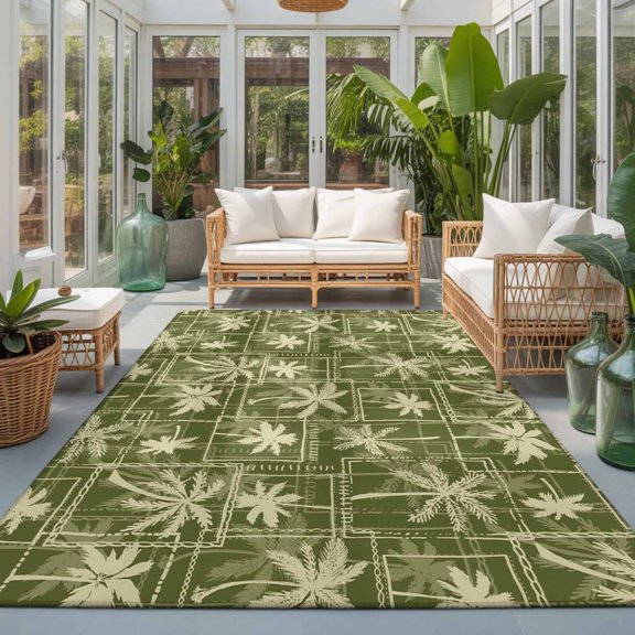 Rectangle Rug 5x7ft Area Rug, Tropical Palm Tree on Sage Green Area Rugs for Living Room Bedroom, Summer Botanical Theme Floor Mat Non-Slip Non-Shedding Carpet Indoor Accent Rugs