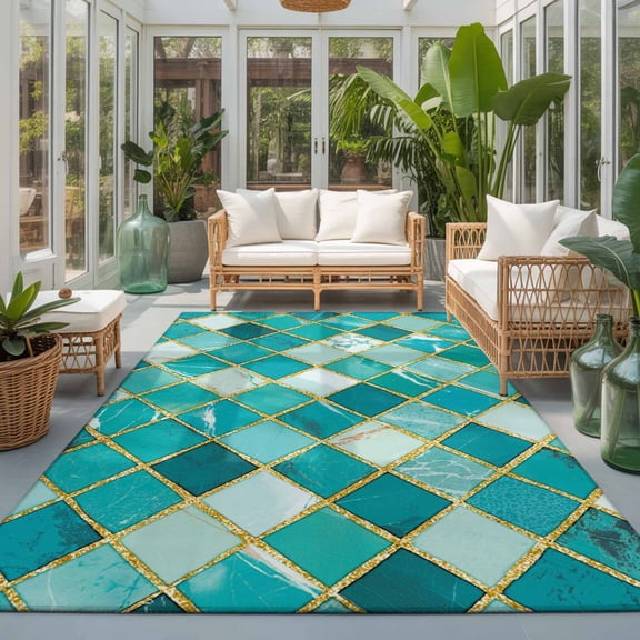 Rectangle Rug 5x7ft Area Rug, Turquoise Teal Marble Texture Area Rugs for Living Room Bedroom, Golden Lattice Metal Lines Floor Mat Non-Slip Non-Shedding Carpet Indoor Accent Rugs