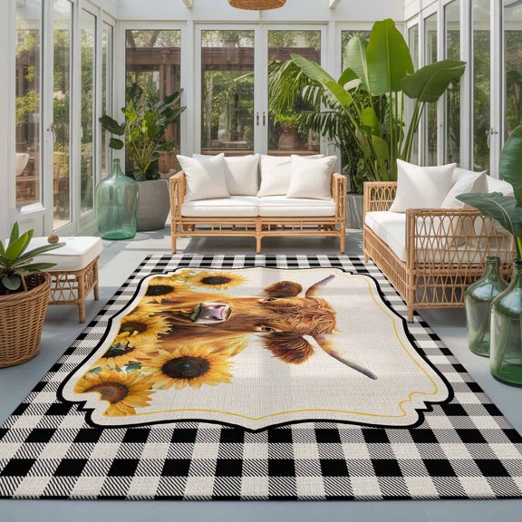 Rectangle Rug 5x7ft Area Rug, Vintage Farm Cow Sunflowers Area Rugs for Living Room Bedroom, Black White Buffalo Check Floor Mat Non-Slip Non-Shedding Carpet Indoor Accent Rugs