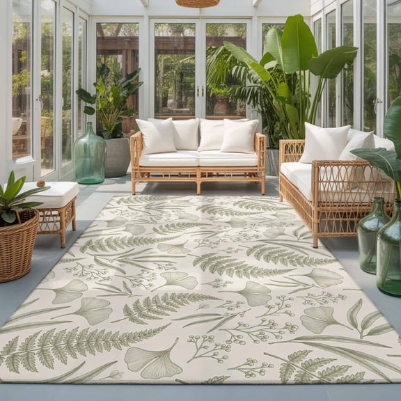 Rectangle Rug 5x7ft Area Rug, Vintage Fern Herbs Botanical Leaf Area Rugs for Living Room Bedroom, Green Wild Plant Leaves Floor Mat Non-Slip Non-Shedding Carpet Indoor Accent Rugs