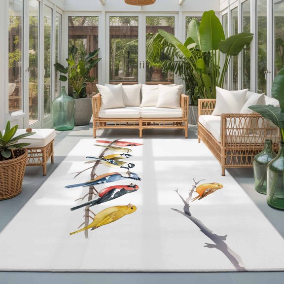 Rectangle Rug 5x7ft Area Rug, Watercolor Birds on Tree Branch Area Rugs for Living Room Bedroom, Summer Country Scenery Floor Mat Non-Slip Non-Shedding Carpet Indoor Accent Rugs