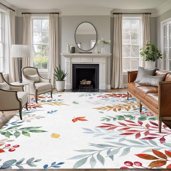 Rectangle Rug 5x7ft Area Rug, Watercolor Botanical Leaves Area Rugs for Living Room Bedroom, Colorful Foliage Leaf Berry Floor Mat Non-Slip Non-Shedding Carpet Indoor Accent Rugs