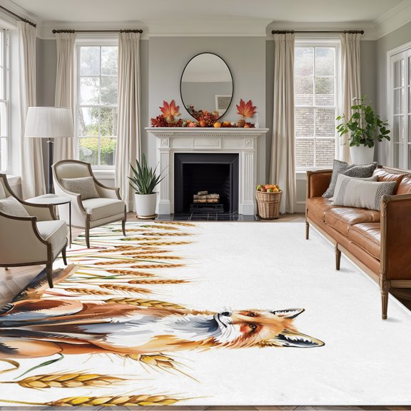 Rectangle Rug 5x7ft Area Rug, Watercolor Cute Fox Area Rugs for Living Room Bedroom, Autumn Countryside Farmhouse Animals Floor Mat Non-Slip Non-Shedding Carpet Indoor Accent Rugs