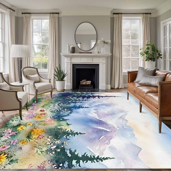 Rectangle Rug 5x7ft Area Rug, Watercolor Mountain Forest Scenery Area Rugs for Living Room Bedroom, Pastoral Landscape Art Floor Mat Non-Slip Non-Shedding Carpet Indoor Accent Rugs