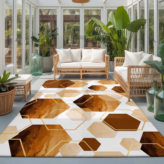 Rectangle Rug 5x7ft Area Rug, Watercolor Orange Hexagon Area Rugs for Living Room Bedroom, Abstract Geometric Art Floor Mat Non-Slip Non-Shedding Carpet Indoor Accent Rugs