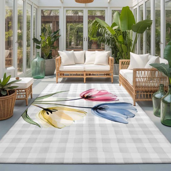 Rectangle Rug 5x7ft Area Rug, Watercolor Pink Blue Yellow Flower Area Rugs for Living Room Bedroom, Rustic Tulips on Plaid Floor Mat Non-Slip Non-Shedding Carpet Indoor Accent Rugs