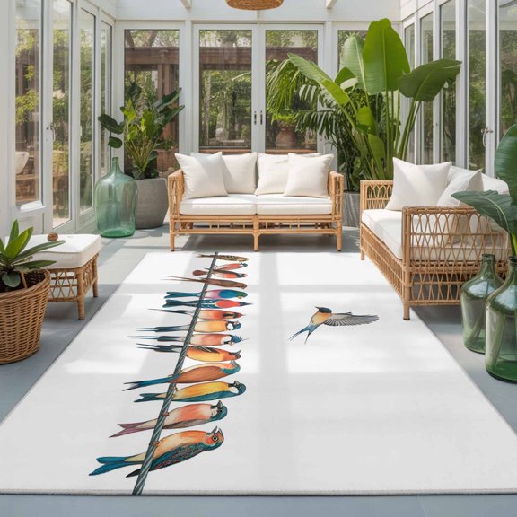 Rectangle Rug 5x7ft Area Rug, Watercolor Row Of Birds on White Area Rugs for Living Room Bedroom, Vintage Branch Floor Mat Non-Slip Non-Shedding Carpet Indoor Accent Rugs