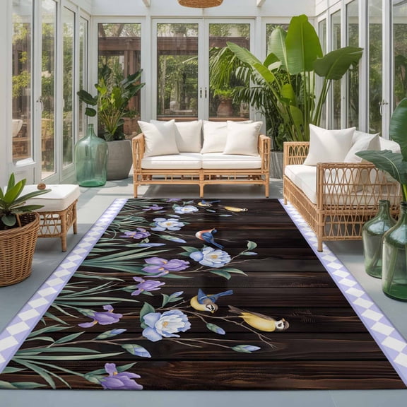 Rectangle Rug 5x7ft Area Rug, Watercolors Birds Blue Purple Flowers Leaf Area Rugs for Living Room Bedroom, Retro Wood Board Floor Mat Non-Slip Non-Shedding Carpet Indoor Accent Rugs
