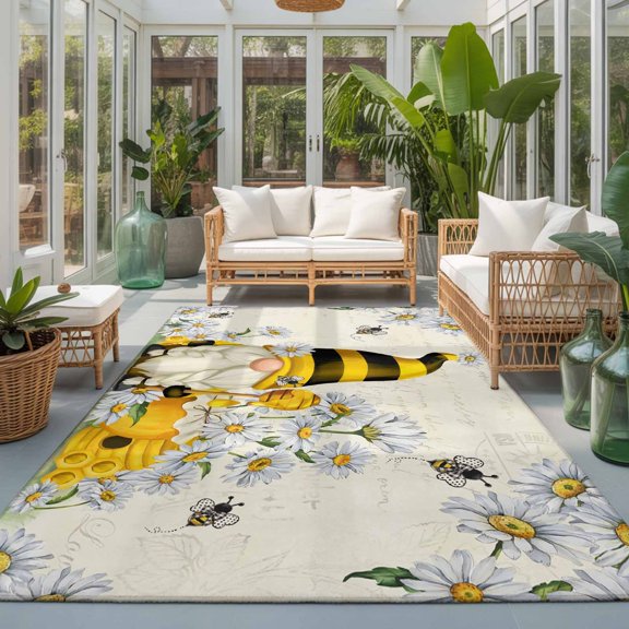 Rectangle Rug 5x7ft Area Rug, White Daisy Pastoral Gnome Bee Area Rugs for Living Room Bedroom, Summer Honey Hive Floor Mat Non-Slip Non-Shedding Carpet Indoor Accent Rugs