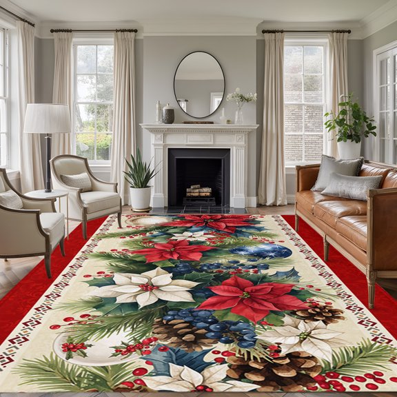 Rectangle Rug 5x7ft Area Rug, Xmas Poinsettia Fir Leaves on Red Area Rugs for Living Room Bedroom, Christmas Pine Cones Berry Floor Mat Non-Slip Non-Shedding Carpet Indoor Accent Rugs