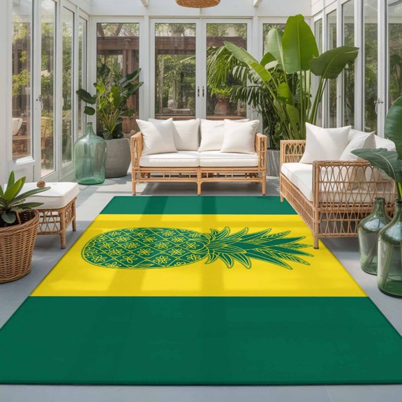 Rectangle Rug 5x7ft Area Rug, Yellow and Green Pineapple Area Rugs for Living Room Bedroom, Summer Tropical Fruit Floor Mat Non-Slip Non-Shedding Carpet Indoor Accent Rugs
