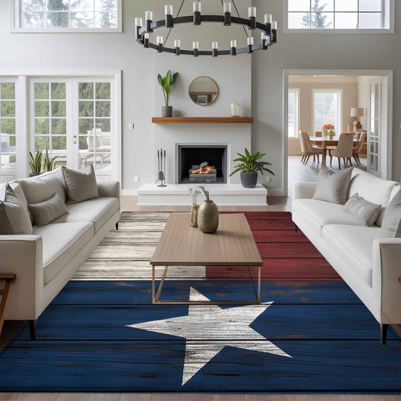 Rectangle Rug 5x8Ft Independence Day USA State Flag Star Soft Indoor Throw Rugs Carpets for Living Dining Bedroom Kids Room Non-Slip Playroom Crawl Rug Floor Mats Retro Farm Wood Grain