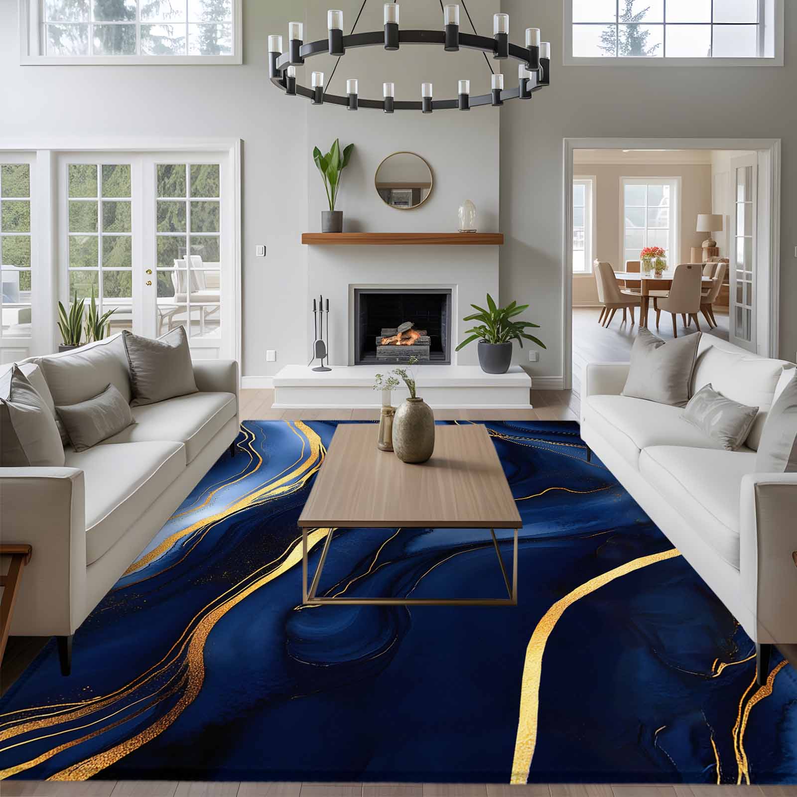 Deep Gold Throw Rug Rectangle Rug 5x8Ft Navy Blue Marble Gold Foil Soft Indoor Throw Rugs ...