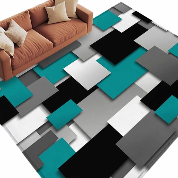 Rectangle Rug 5x8ft Area Rug, Abstract Teal Black Gray White Square Area Rugs for Living Room Bedroom, Modern Geometric Art Floor Mat Non-Slip Non-Shedding Carpet Indoor Accent Rugs