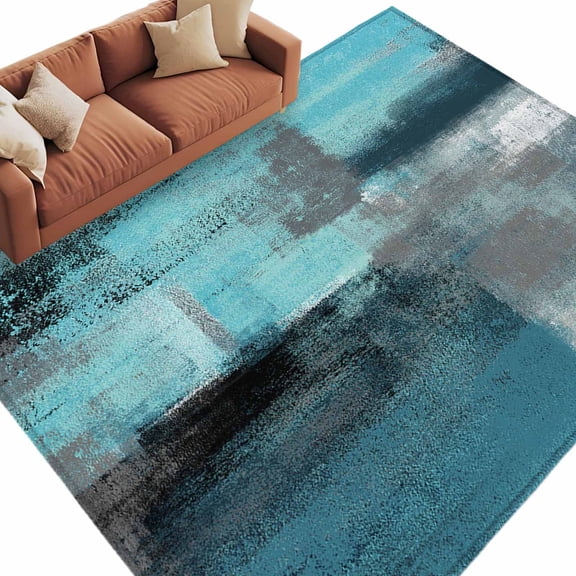 Rectangle Rug 5x8ft Area Rug,Abstract Turquoise Grey Graffiti Area Rugs for Living Room Bedroom,Retro Paint Texture Floor Mat Non-Slip Non-Shedding Carpet Indoor Accent Rugs