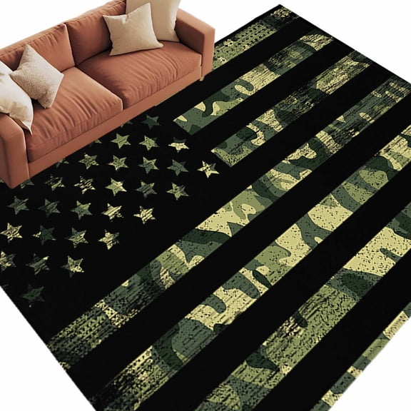 Rectangle Rug 5x8ft Area Rug,American Retro Stars and Stripes Flag Area Rugs for Living Room Bedroom,Forests Army Camouflage Floor Mat Non-Slip Non-Shedding Carpet Indoor Accent Rugs