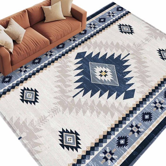 Rectangle Rug 5x8ft Area Rug, Aztec Blue Geometric Abstract Area Rugs for Living Room Bedroom, Retro Ethnic Southwest Style Floor Mat Non-Slip Non-Shedding Carpet Indoor Accent Rugs