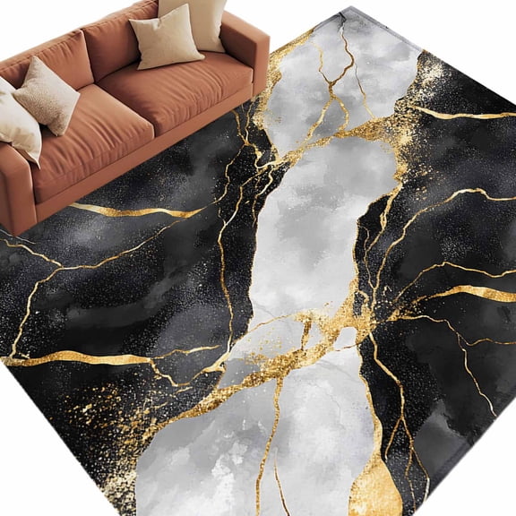 Rectangle Rug 5x8ft Area Rug,Black Grey Gold Marble Texture Area Rugs for Living Room Bedroom,Luxury Pattern Flow Stone Floor Mat Non-Slip Non-Shedding Carpet Indoor Accent Rugs