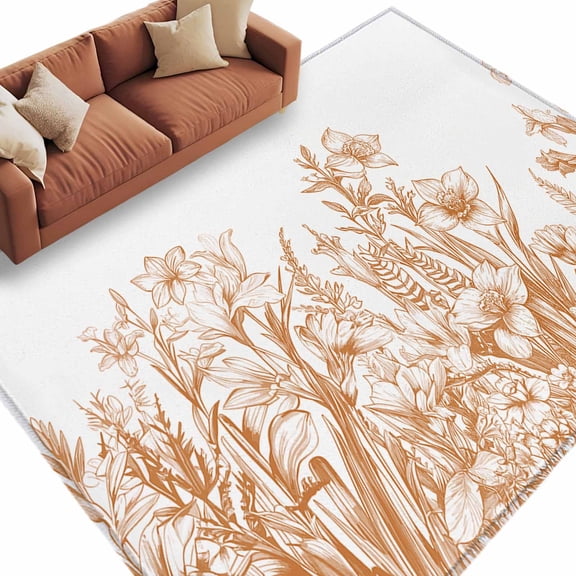 Rectangle Rug 5x8ft Area Rug,Brown Iris Flower Lavender on White Area Rugs for Living Room Bedroom,Country Plants Floor Mat Non-Slip Non-Shedding Carpet Indoor Accent Rugs
