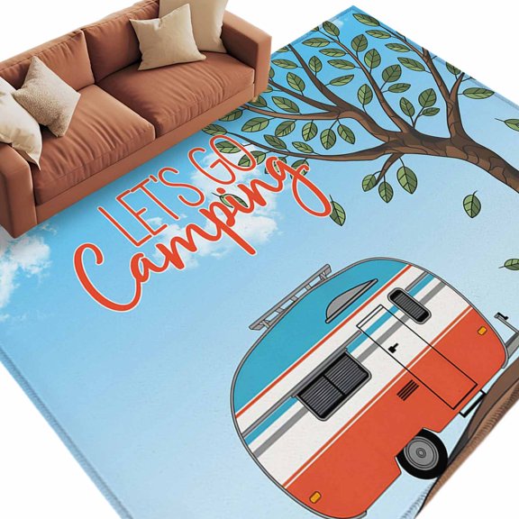 Rectangle Rug 5x8ft Area Rug, Cartoon Caravan Summer Forest Area Rugs for Living Room Bedroom, Let's Go Camping Quote Floor Mat Non-Slip Non-Shedding Carpet Indoor Accent Rugs