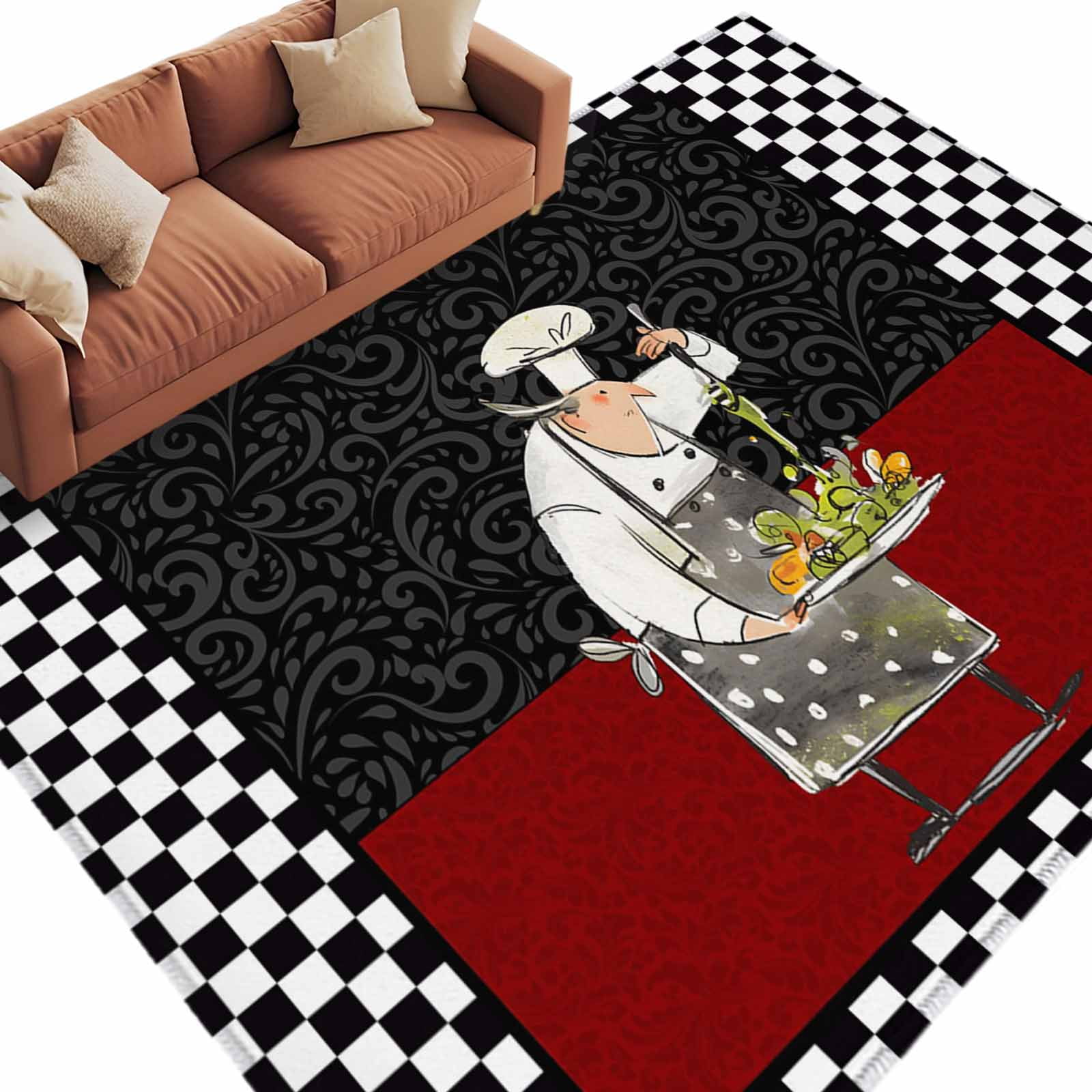 Rectangle Rug 5x8ft Area Rug,Cartoon Chef Gourmet Red Vintage Floral ...