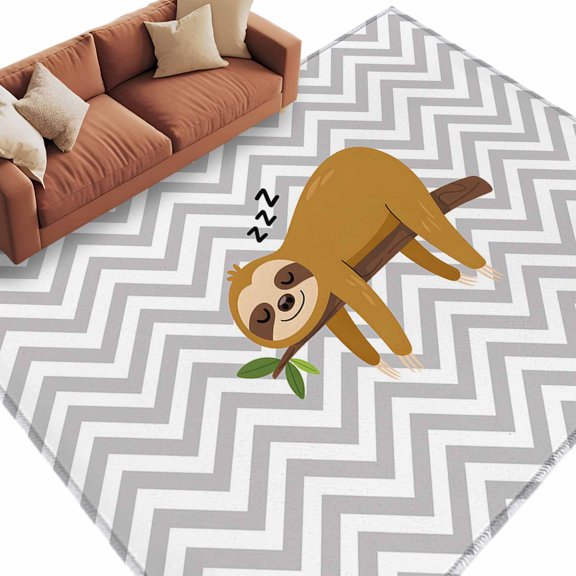 Rectangle Rug 5x8ft Area Rug,Cartoon Sloth Tree Branch Area Rugs for Living Room Bedroom,Gray Chevron Stripe Animal Floor Mat Non-Slip Non-Shedding Carpet Indoor Accent Rugs