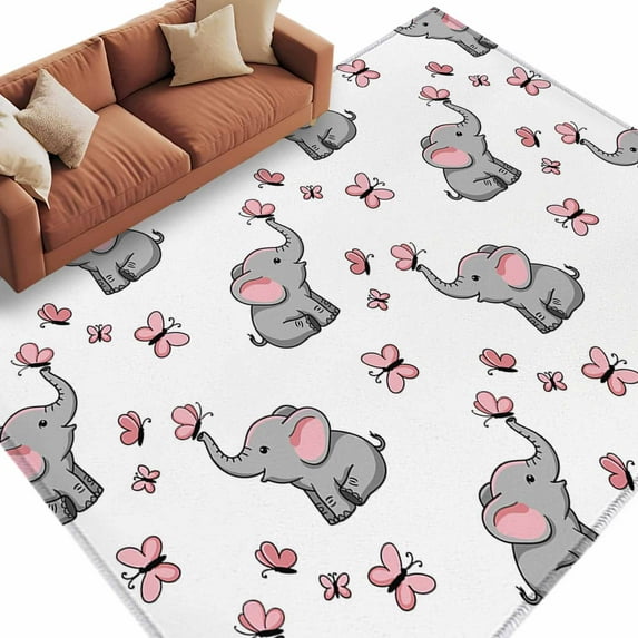 Rectangle Rug 5x8ft Area Rug,Cartoons Little Elephants Area Rugs for Living Room Bedroom,Modern Pink Butterflies Floor Mat Non-Slip Non-Shedding Carpet Indoor Accent Rugs