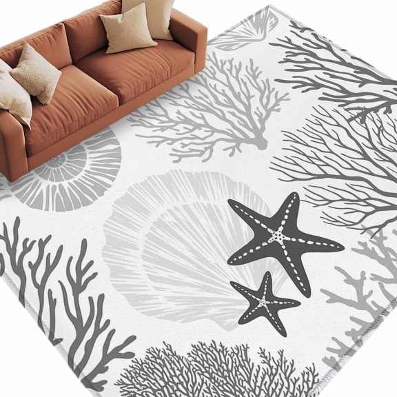 Rectangle Rug 5x8ft Area Rug, Classic Sea Grey Coral Area Rugs for Living Room Bedroom, Abstract Marine Life Scenery Floor Mat Non-Slip Non-Shedding Carpet Indoor Accent Rugs