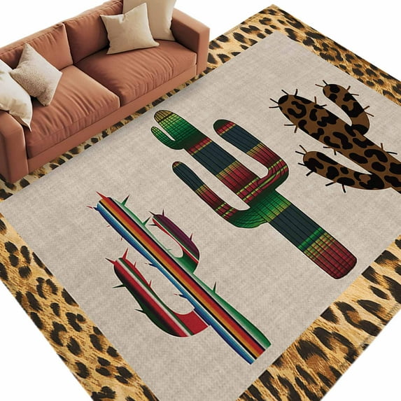 Rectangle Rug 5x8ft Area Rug, Colorful Art Cactus on Linen Texture Area Rugs for Living Room Bedroom, Animals Leopard Border Floor Mat Non-Slip Non-Shedding Carpet Indoor Accent Rugs