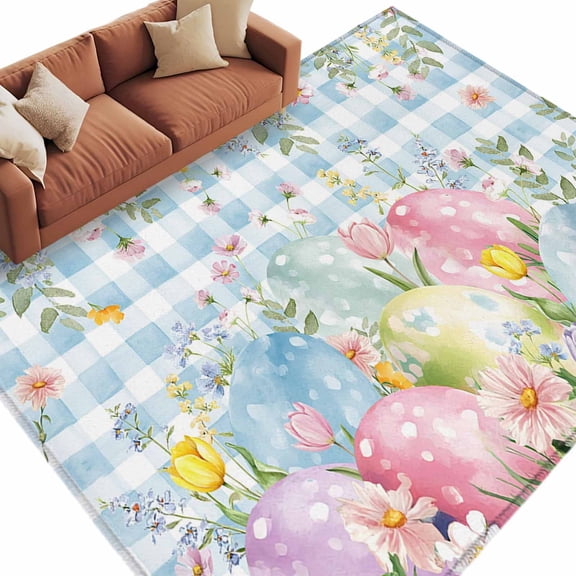 Rectangle Rug 5x8ft Area Rug,Easter Colorful Egg Flower Area Rugs for Living Room Bedroom,Spring Floral Blue Checkered Floor Mat Non-Slip Non-Shedding Carpet Indoor Accent Rugs