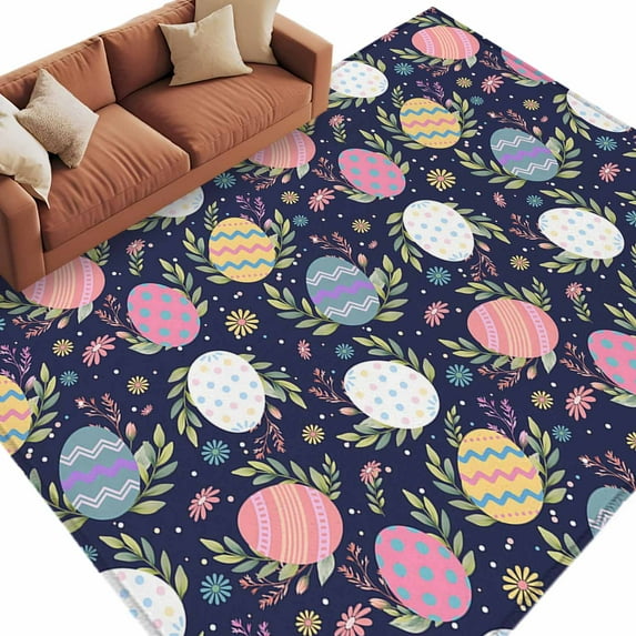 Rectangle Rug 5x8ft Area Rug, Easter Eggs Leaf Flower Area Rugs for Living Room Bedroom, Stripe Polka Dot Eggs on Dark Floor Mat Non-Slip Non-Shedding Carpet Indoor Accent Rugs