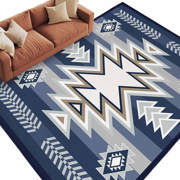 Rectangle Rug 5x8ft Area Rug, Ethnic Boho Morocco Theme Area Rugs for Living Room Bedroom, Aztec Blue Geometric Art Floor Mat Non-Slip Non-Shedding Carpet Indoor Accent Rugs