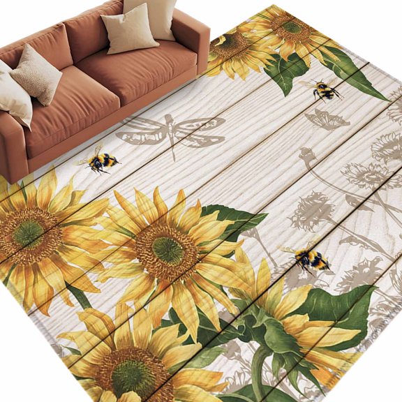 Rectangle Rug 5x8ft Area Rug,Farm Sunflower Bee Dragonfly Area Rugs for Living Room Bedroom,Floral Leaves Wood Grain Floor Mat Non-Slip Non-Shedding Carpet Indoor Accent Rugs
