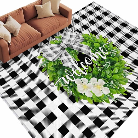 Rectangle Rug 5x8ft Area Rug,Farmhouse Boxwood Wreath Area Rugs for Living Room Bedroom,Black White Checkered Bow Flower Floor Mat Non-Slip Non-Shedding Carpet Indoor Accent Rugs