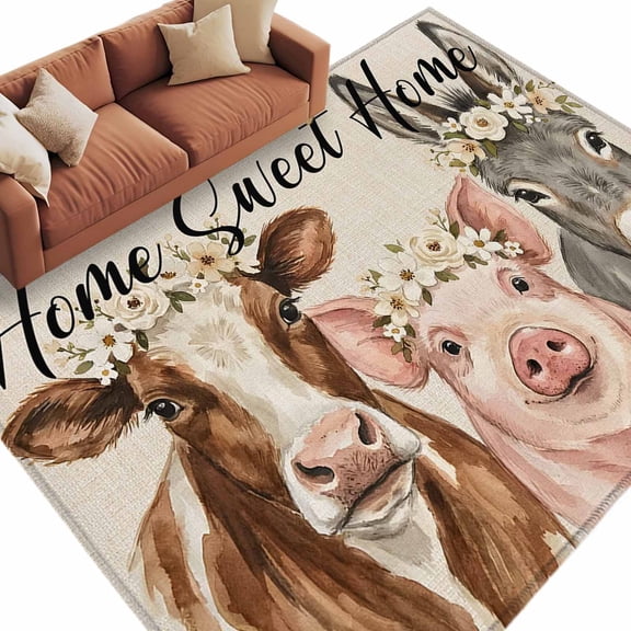 Rectangle Rug 5x8ft Area Rug, Farmhouse Pig Cattle Donkey Area Rugs for Living Room Bedroom, Sweet Home Quote Floor Mat Non-Slip Non-Shedding Carpet Indoor Accent Rugs