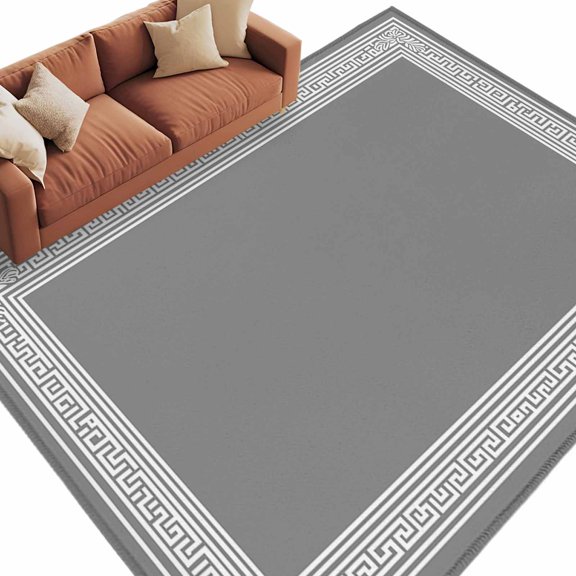 Rectangle Rug 5x8ft Area Rug, Greece Key Stripe Design on Grey Area Rugs for Living Room Bedroom, Abstract Geometric Texture Floor Mat Non-Slip Non-Shedding Carpet Indoor Accent Rugs