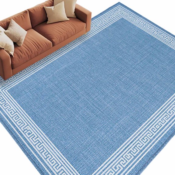 Rectangle Rug 5x8ft Area Rug, Greece Sky Blue Key Design Area Rugs for Living Room Bedroom, Farm Linen Geometric Art Floor Mat Non-Slip Non-Shedding Carpet Indoor Accent Rugs