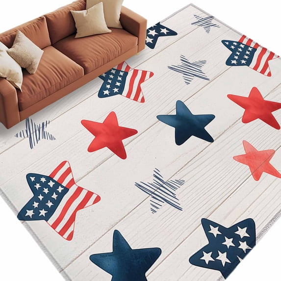 Rectangle Rug 5x8ft Area Rug, Independence Day Blue Red Star Area Rugs for Living Room Bedroom, Vintage Wooden Plank Floor Mat Non-Slip Non-Shedding Carpet Indoor Accent Rugs