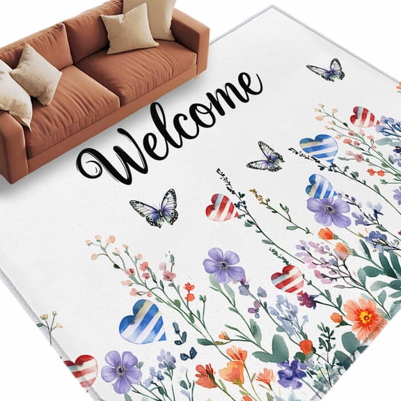 Rectangle Rug 5x8ft Area Rug,Independence Day Flower Butterfly Leaves Herb Area Rugs for Living Room Bedroom,Welcome Quote Floor Mat Non-Slip Non-Shedding Carpet Indoor Accent Rugs