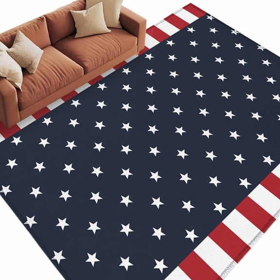 Rectangle Rug 5x8ft Area Rug,Independence Day Patriotic Stars on Blue Area Rugs for Living Room Bedroom,Red White Stripes Border Floor Mat Non-Slip Non-Shedding Carpet Indoor Accent Rugs