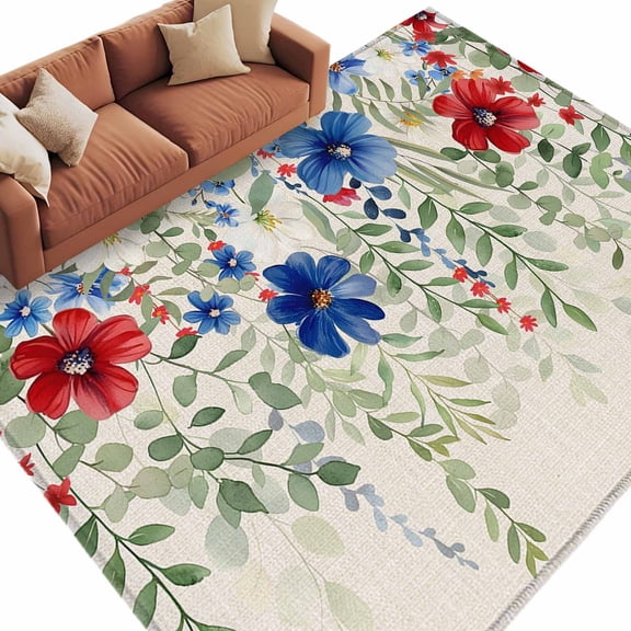 Rectangle Rug 5x8ft Area Rug, Independence Day Red Blue Flower Area Rugs for Living Room Bedroom, Green Leaf Retro Linen Floor Mat Non-Slip Non-Shedding Carpet Indoor Accent Rugs
