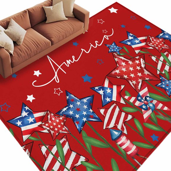 Rectangle Rug 5x8ft Area Rug,Independence Day USA Flag Area Rugs for Living Room Bedroom,American Star on Red Floor Mat Non-Slip Non-Shedding Carpet Indoor Accent Rugs